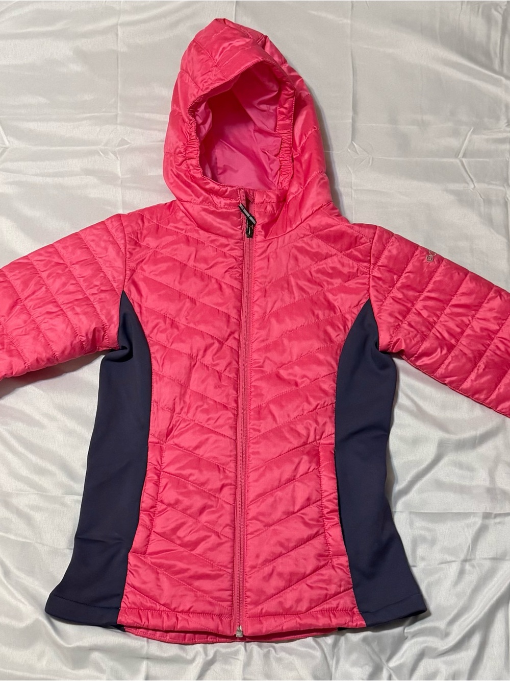 Columbia Girls' Pink Hooded Puffer Jacket with Navy Side Panels